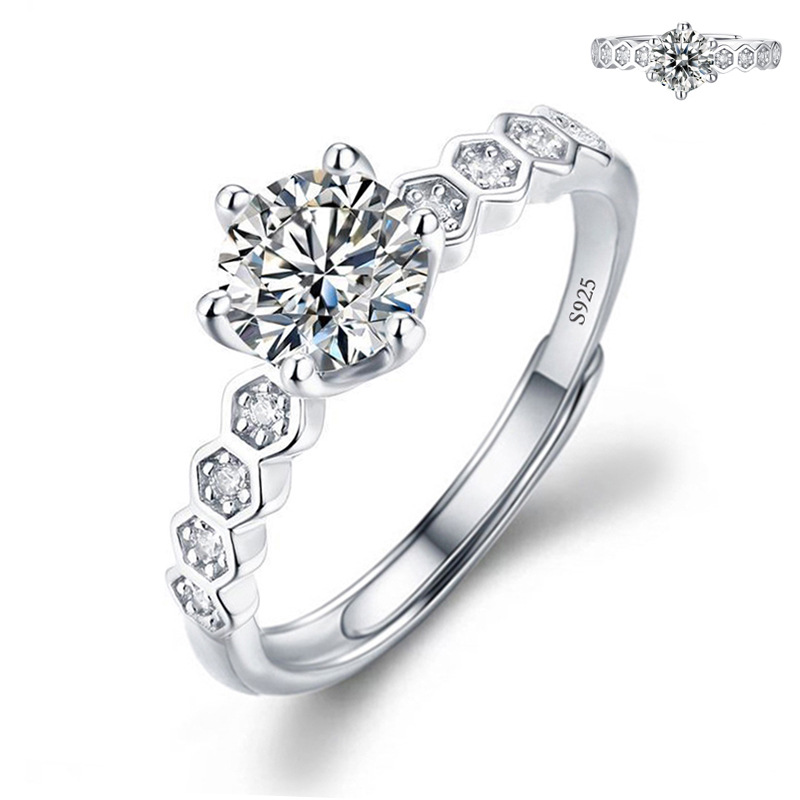 Live Broadcast Women's Ring Imitation Moissanite Ring Female Ins Silver S925 Ring Setting Crown Six Claw 1 Karat Zircon