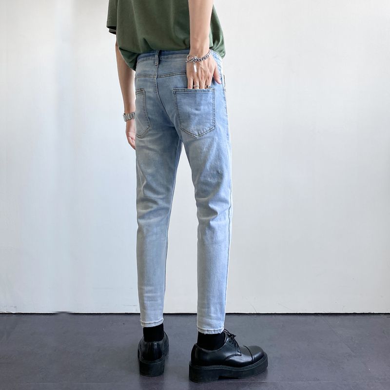 浅色牛仔裤男夏季薄款痞帅裤子九分裤复古做旧修身小脚裤韩版韩流