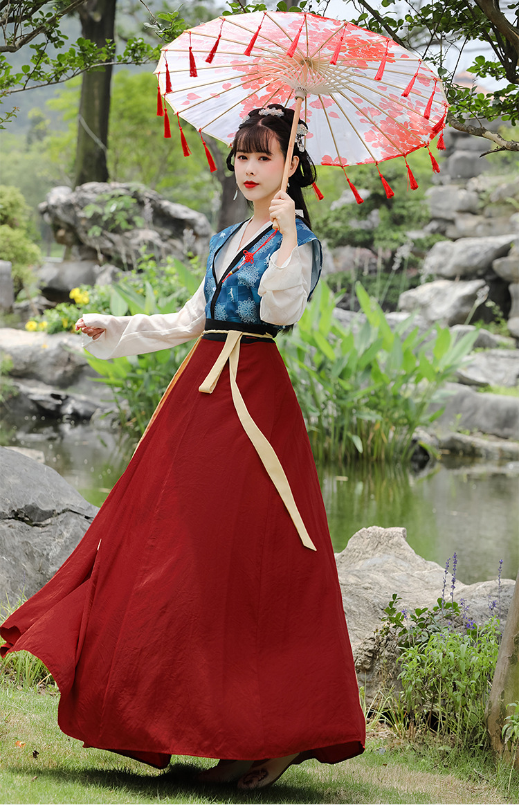 8171原创汉服女唐制国风印花交领褙子八破交窬裙日常显高显瘦套装