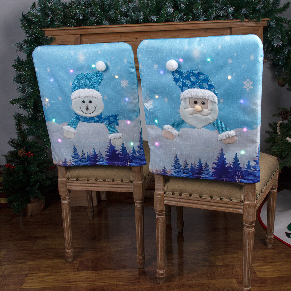 New Christmas Chair Cover with Lights Blue Elderly Snowman Luminous Home Hotel Restaurant Chair Back Cover Decoration