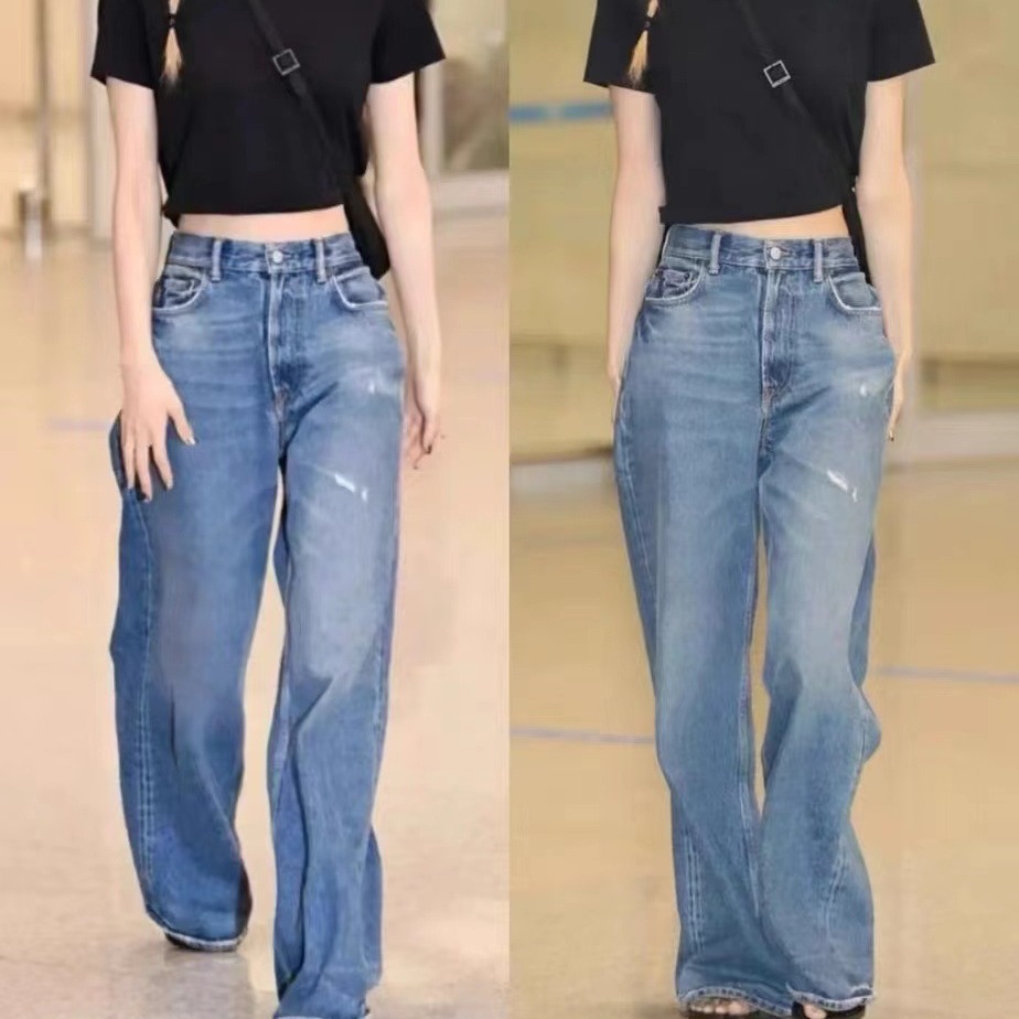 ac家秋冬新款rose朴彩英同款水洗磨破高腰宽松阔腿长裤牛仔裤女