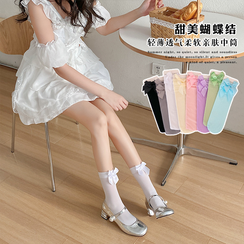jk风天鹅绒女袜蝴蝶结袜子春夏薄洛丽塔中筒袜日系粉色黑白皮鞋袜