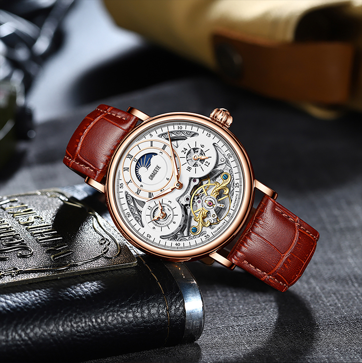 gracete格雷斯特瑞士品牌 日月星辰时尚机械表 防水男士手表 空霸