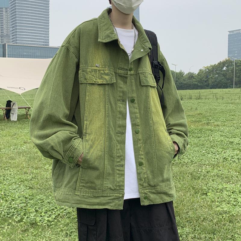 韩版复古绿色牛仔外套男春秋季ins潮牌港风痞帅上衣宽松工装夹克