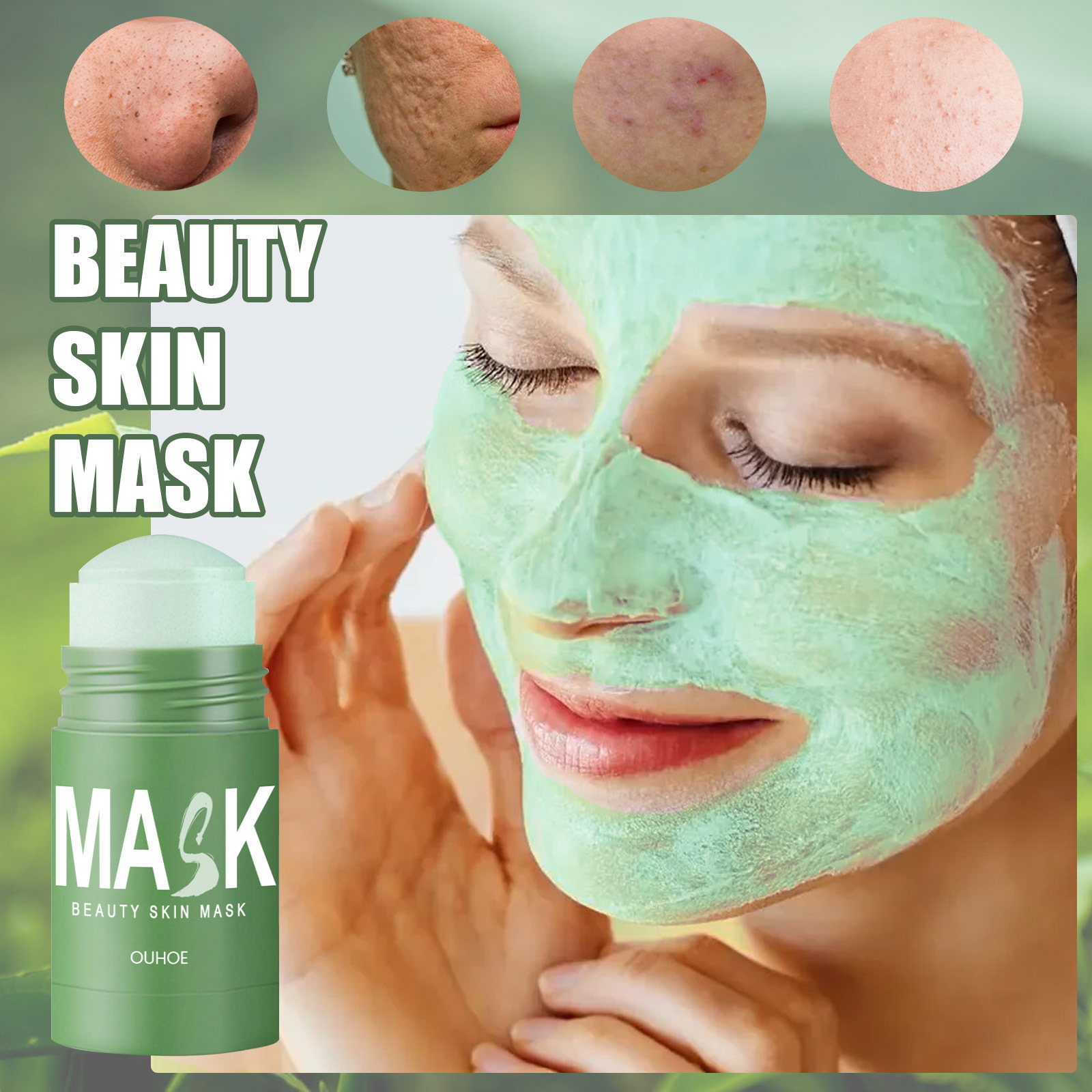 Ouhoe Green Tea Mask Stick Acne Blackhead Acne Facial Deep Cleansing Firming Pores Daub-Type Mud Mask