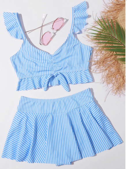 2020出口现货均码蓝白条色修身大牌纯色时尚性感分体泳衣