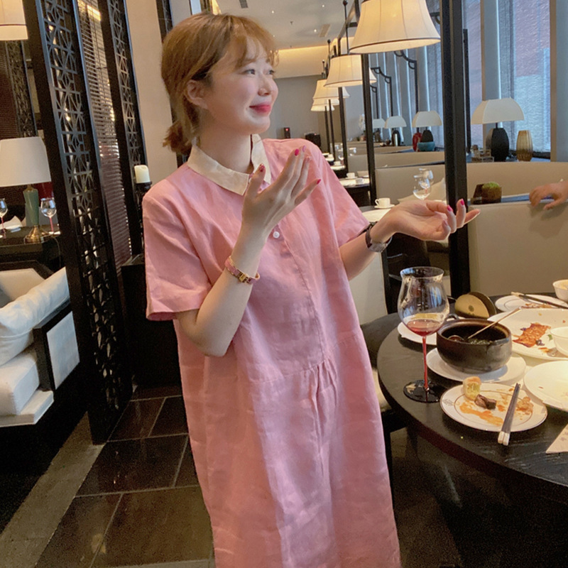 【现货】韩国波拉家东大门名媛夏少女出街粉色拼接立领半袖连衣裙