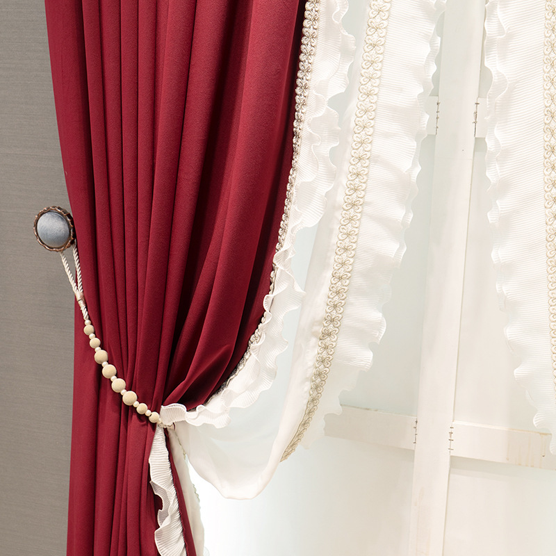 法式纯色窗帘酒红色婚房卧室木耳花边绣花加厚遮光落地窗客厅