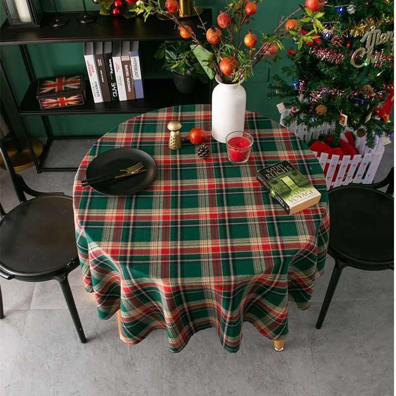 圣诞平安夜棉麻桌布 派对英伦风苏格兰格子餐布台布小圆桌圆形