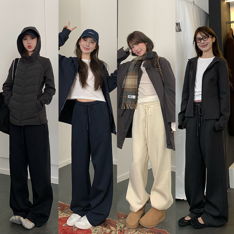 楠涛舒适空气层阔腿卫裤女秋冬慵懒松弛感休闲百搭松紧腰抽绳长裤