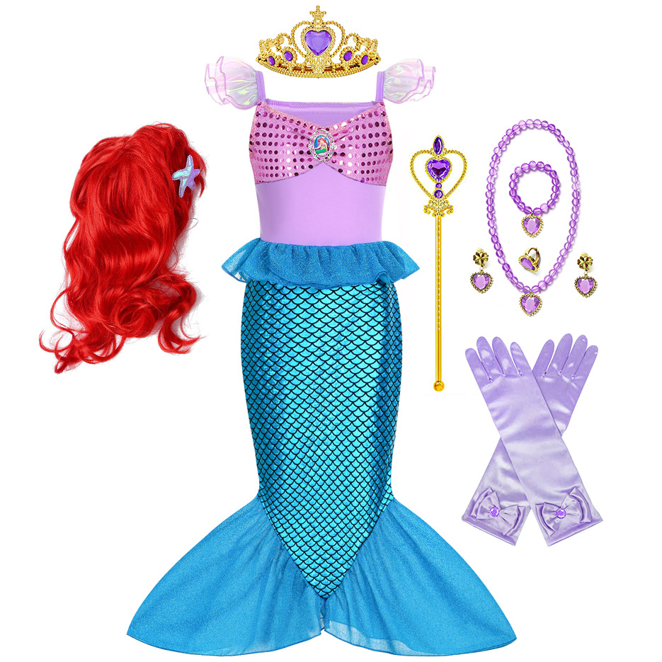 儿童美人鱼裙子爱丽儿小美人鱼cosplay连衣裙礼服鱼尾裙一件代发