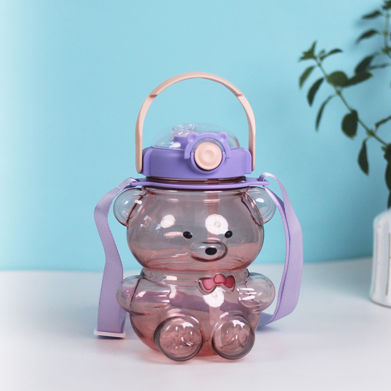 Summer Cute Straw Double Drink Big Belly Cup Student Super Cute Bear Cup Girl Child's Plastic Water Cup Wholesale