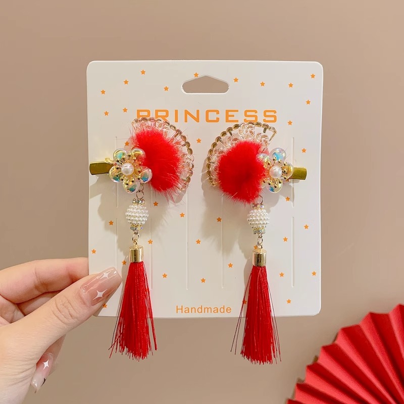 New Year Red Hairpin Children's Antique Hair Accessories 2024 Dragon Year Girl Autumn and Winter Hairpin Baby New Year Clip Headdress