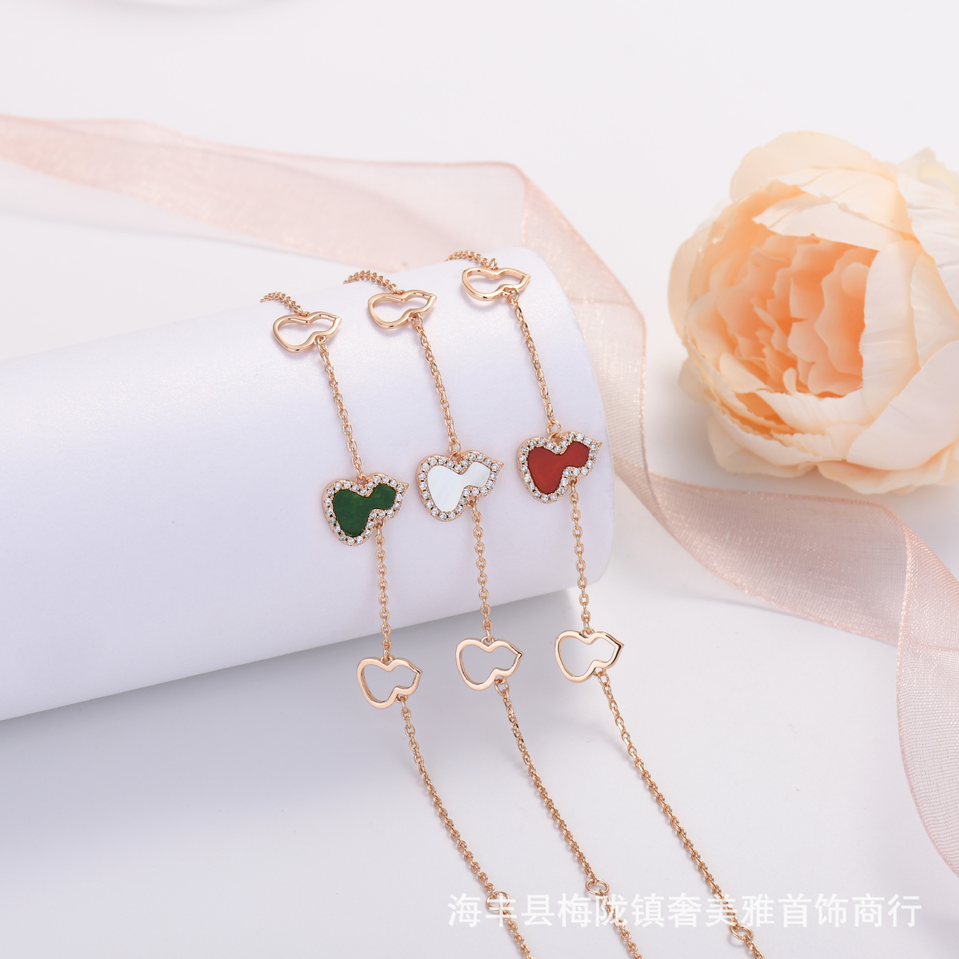 精工版925纯银麒麟葫芦手链女镀18k厚金天然白贝母女士气质手饰品