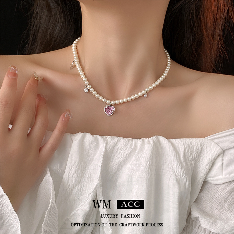 Heart-Shaped Zircon Pearl Necklace Fashion Korean Ins Niche Clavicle Chain Personality All-Match Necklace Women's Wholesale