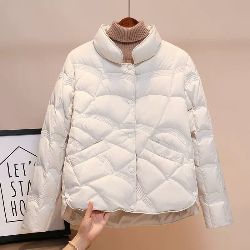 Autumn and Winter Stand-up Collar down Jacket Women's Short White Duck down Warm Winter Clothing Coat Light Retro Artistic Auspicious Cloud