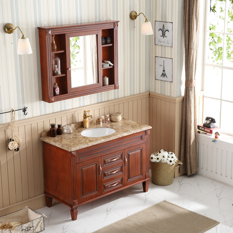 Bathroom Cabinet Wash Basin Combination American and European Style Bathroom Cabinet Waterproof Light Luxury Floor Oak Solid Wood Bathroom