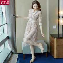 【杭州品牌】夏中长款连衣裙韩版修身蕾丝时尚中袖裙子女装