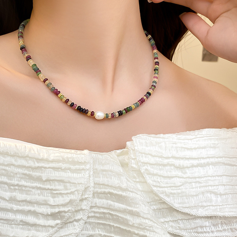 爆款彩色多巴胺天然石碧玺项链女淡水珍珠民族风叠戴锁骨链百搭潮