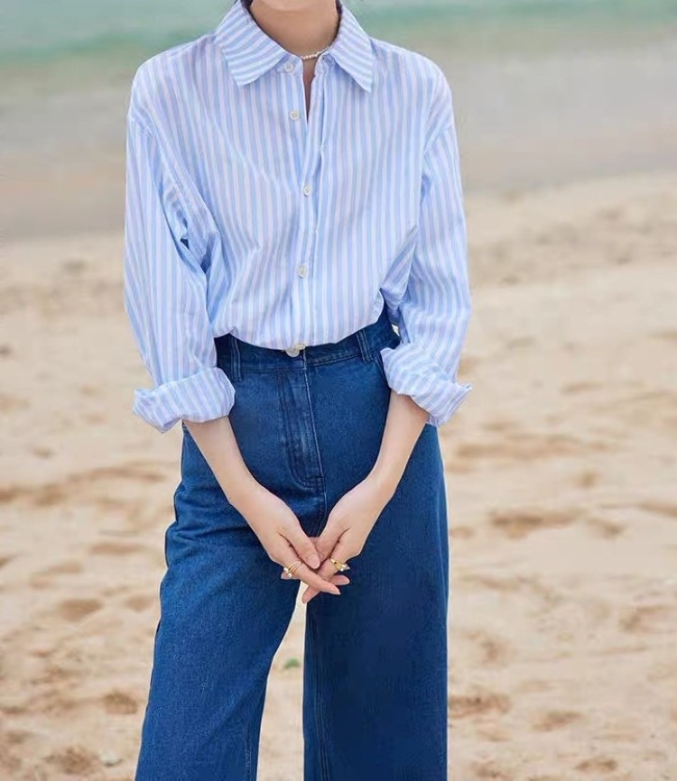 双门襟蓝色条纹长袖衬衫女春叠穿小众上衣2022新款翻领宽松休闲女