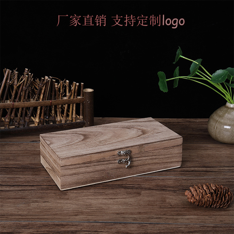 Retro Wood Storage Box Charcoal Flip Storage Box Tea Package Box Desktop Storage Commemorative Gift Box