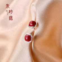 朱砂S999纯银耳钉中国风简约百搭红色紫金砂方形耳饰耳环女耳骨钉
