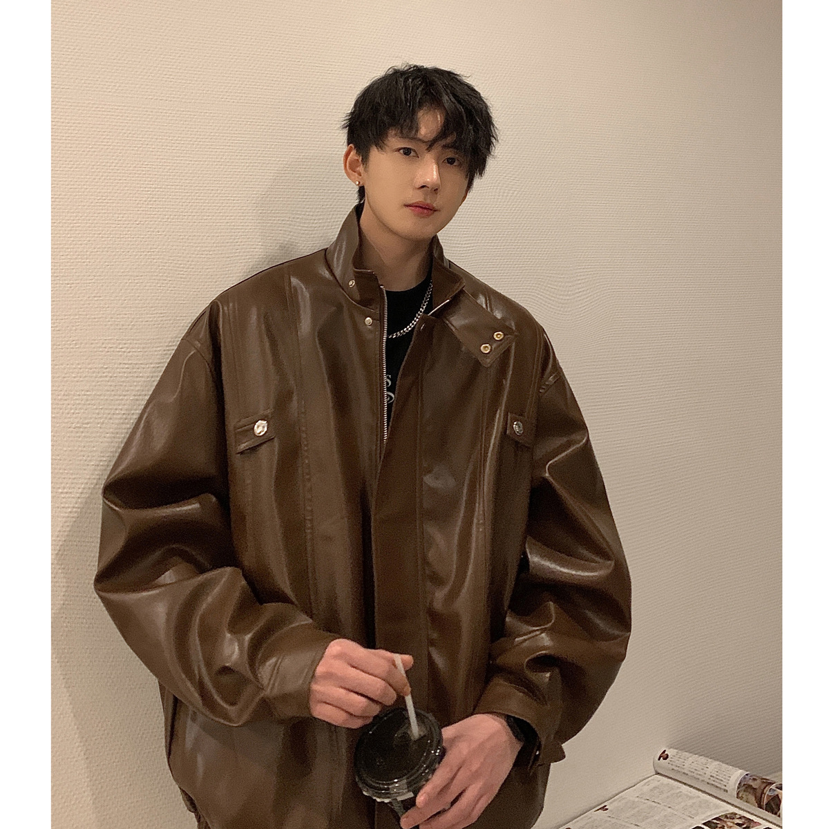 棕色美拉德pu皮衣外套男款秋冬季加棉加厚高级感痞帅穿搭工装夹克