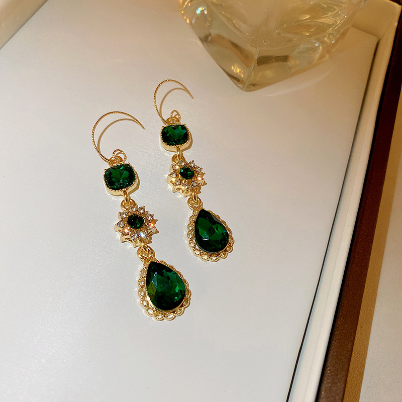 Long Water Drop Flower Diamond Set Emerald Hook Earrings