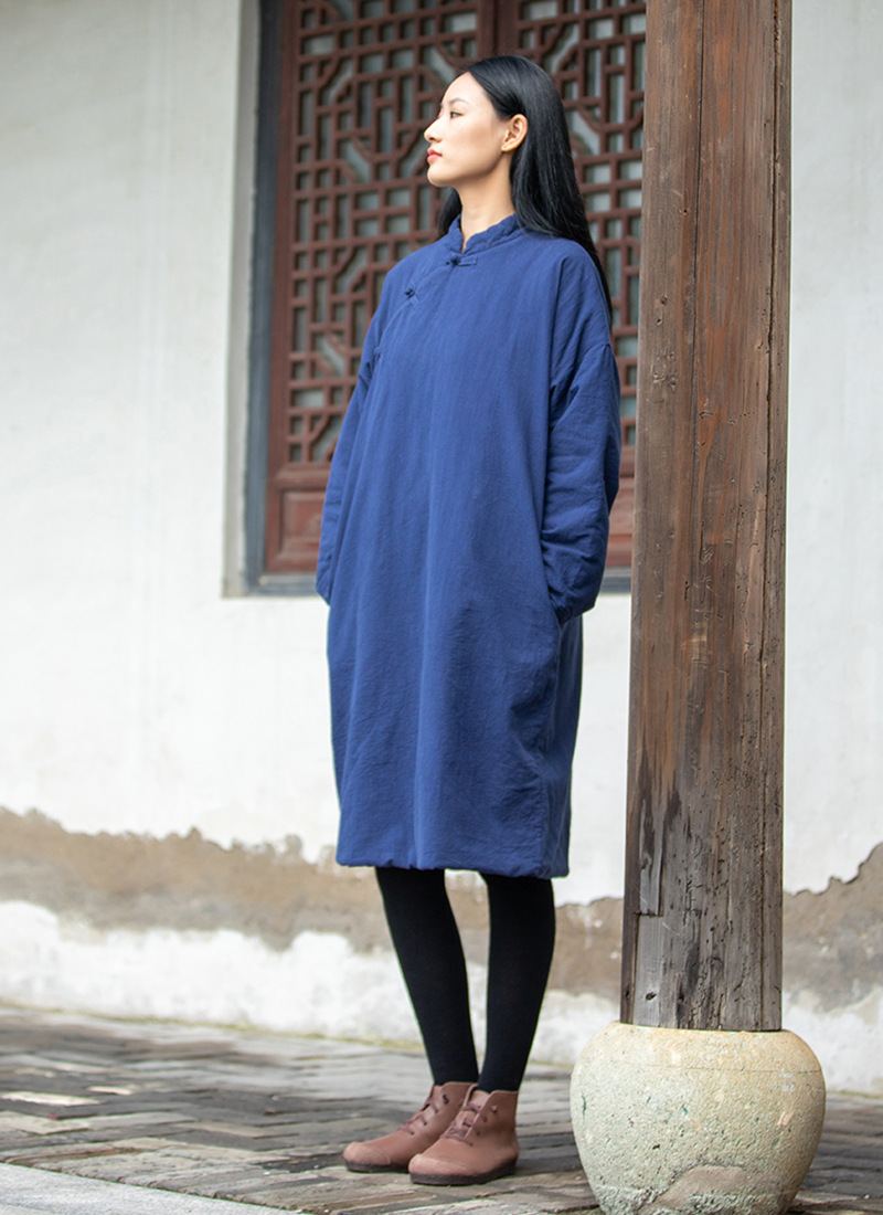 2021秋冬新品棉麻女装复古中式棉衣盘扣立领棉麻宽松女式棉袍子