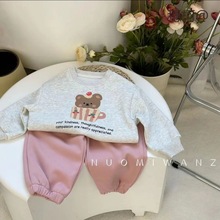 韩国童装2023春季男女童可爱小熊印花卫衣儿童洋气纯色卫裤两件套