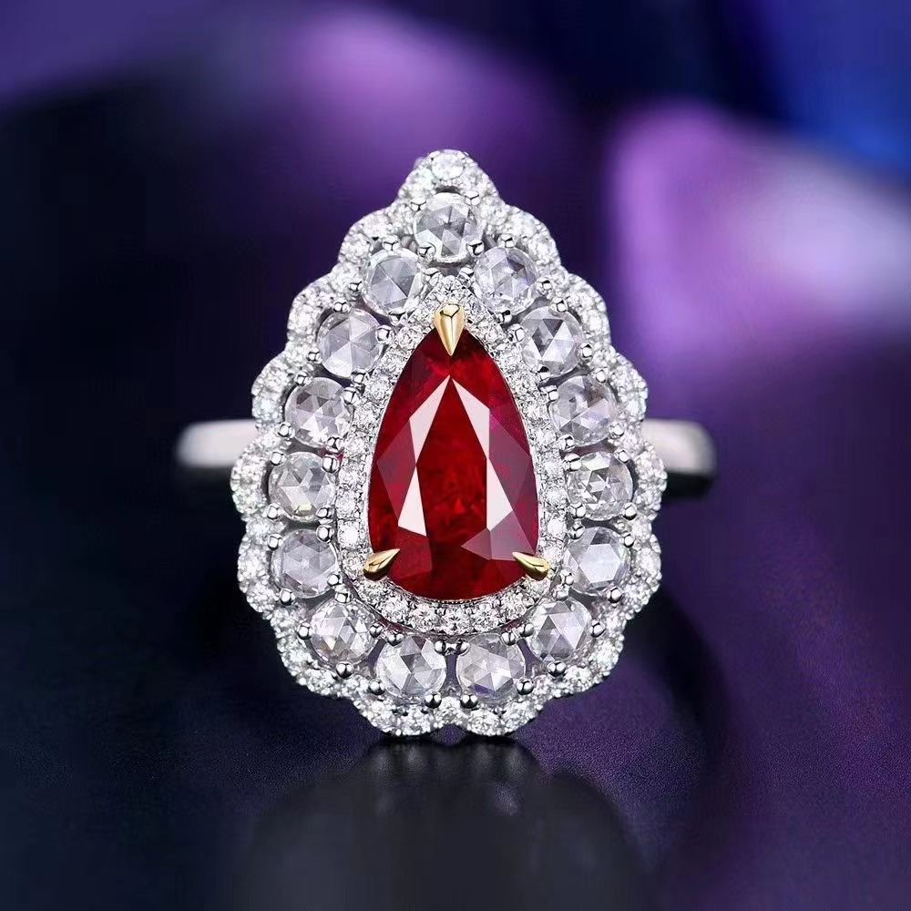 新品莫桑比克天然无烧红宝石戒指吊坠两用款2.02克拉满钻水滴指环