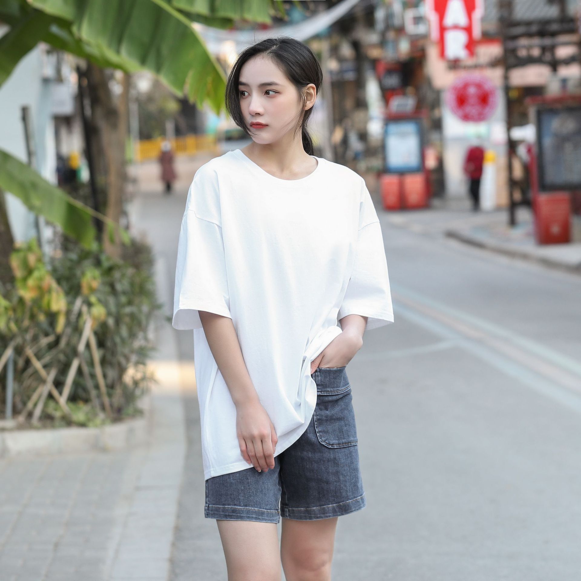 纯色精梳棉圆领落肩女衫200克短袖均码女式t恤白色女五分袖打底衫