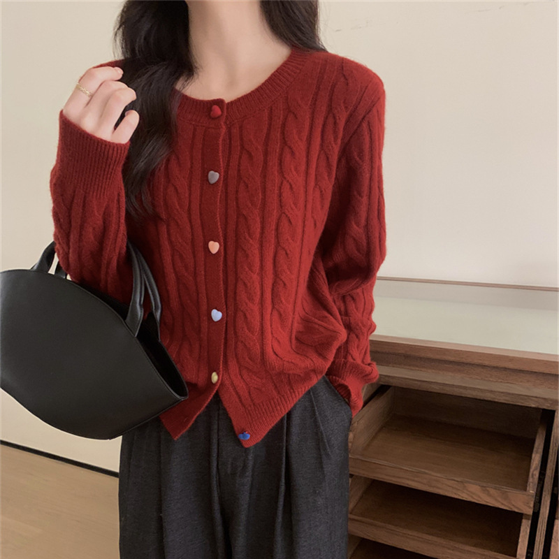 korean style classic style heart buckle sweater coat women‘s spring autumn short loose twist knitted cardigan soft glutinous top