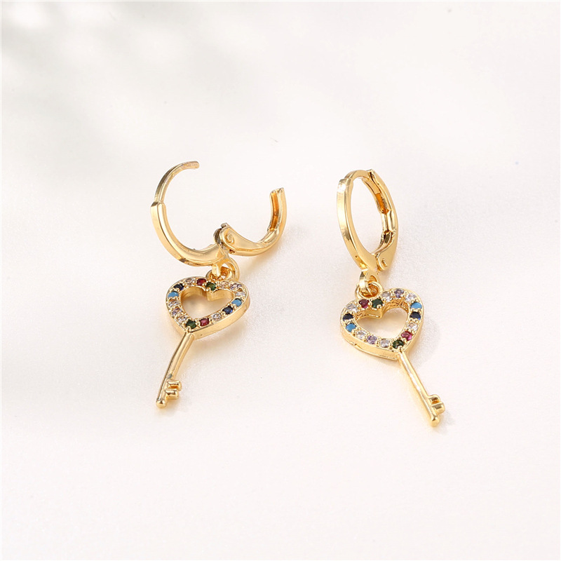 Wish Cross-Border Supply Ornament Copper Color Zircon Heart-Shaped Key Earrings Female Mixed Color Diamond Earrings Eardrops