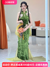 新中式绿色旗袍康康造型新娘晨袍敬酒服改良刺绣水钻时尚连衣裙女