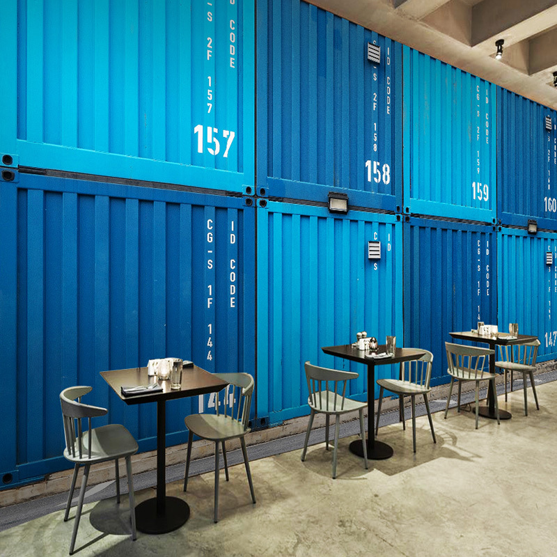 立体拍照网红蓝色铁皮集装箱背景壁纸办公美容院奶茶店舞蹈室墙纸