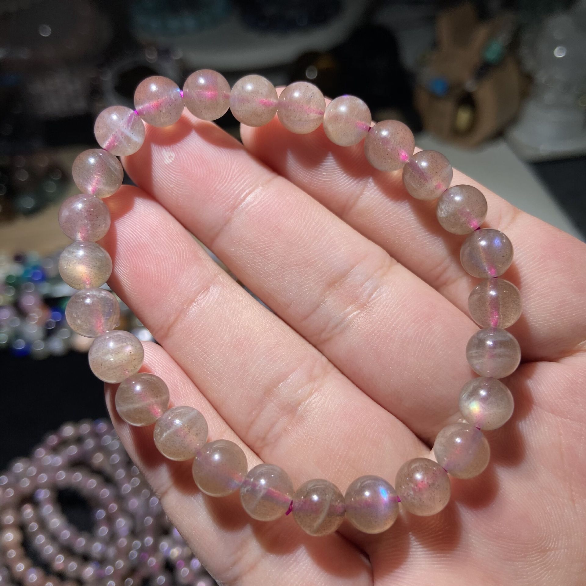 天然紫拉长手串拉长石佛珠手链圆珠裸石饰品月光石散珠直播批发