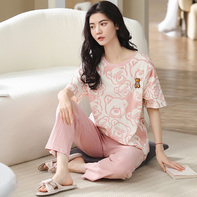 Summer New Women's Thin Pajamas Casual Loose Short Sleeves Trousers Suit Summer Can Be Worn outside Cotton Homewear