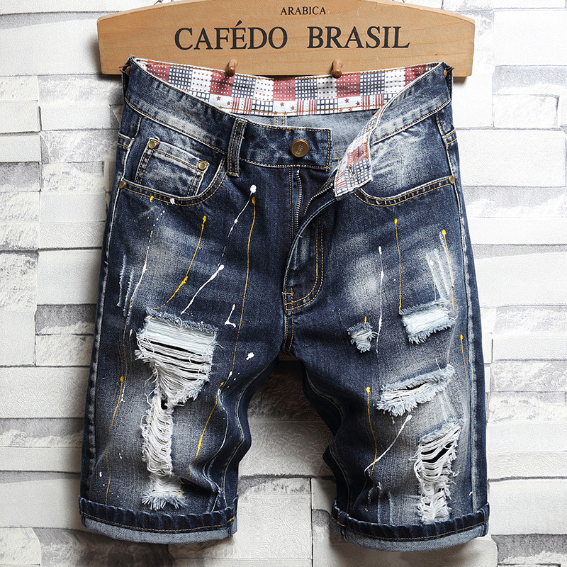 。。  Summer New Embroidered Men's Denim Shorts Ripped Straight Blue Casual Cropped Pants European and American Jeans