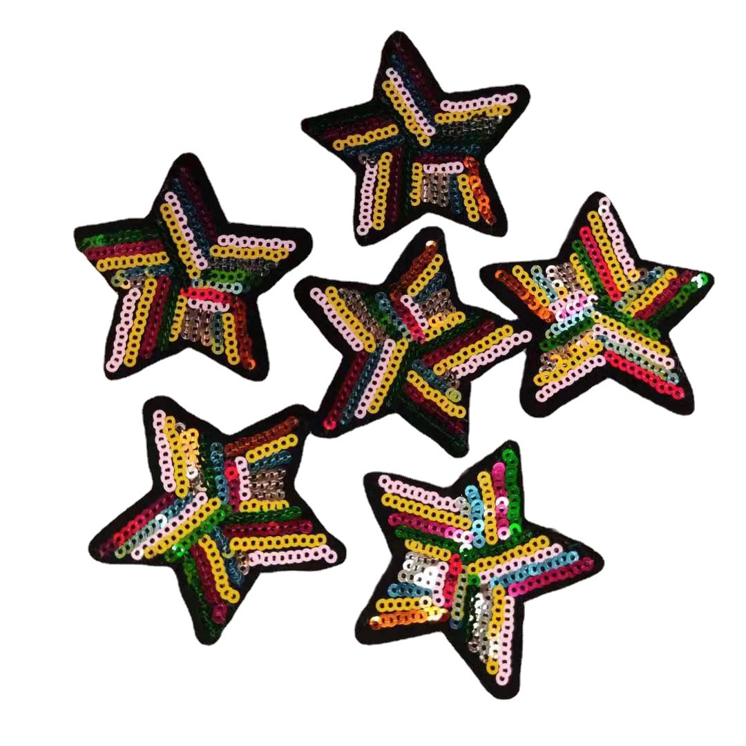 厂家t恤五角星珠片绣花色丁布贴亮片刺绣章珠片字母毛巾绣贴现货