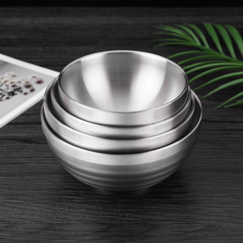 Hz473 Korean 304 Stainless Steel Double-Layer Bowl Children's Bowl Instant Noodle Bowl Gold Plated Bowl Threaded Bowl Creative Rice Bowl