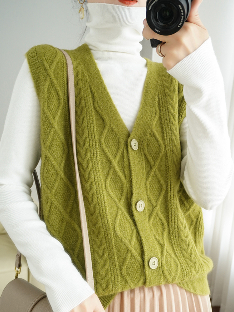 羊毛2022春季新款女式v领菱形系扣宽松无袖坎肩开衫针织毛衣马甲