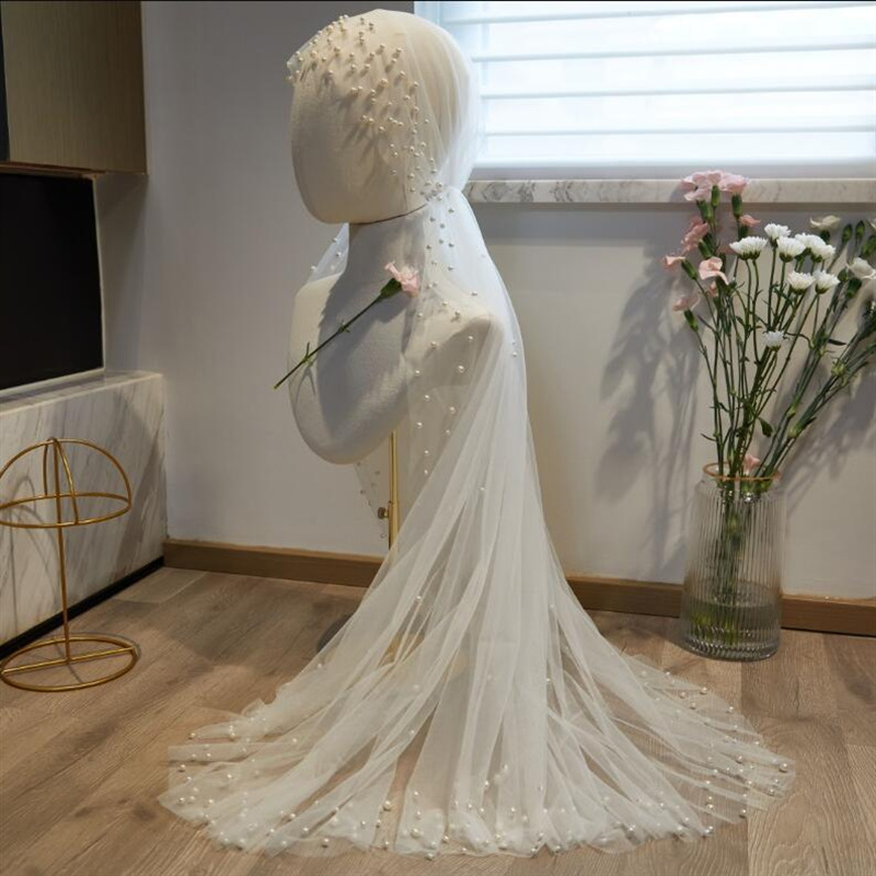 新款新娘头纱珍珠流苏长款婚纱礼服配饰超仙森系拍照道具-阿里巴巴