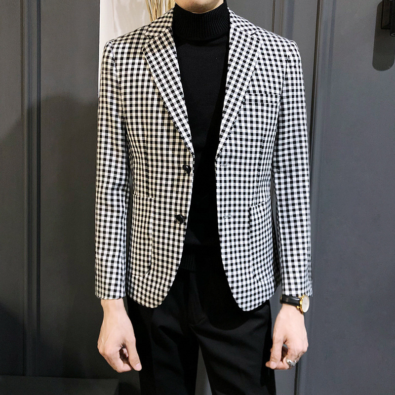 秋季黑白格子小西服男韩版修身单排扣西装男休闲外套潮流帅气男装
