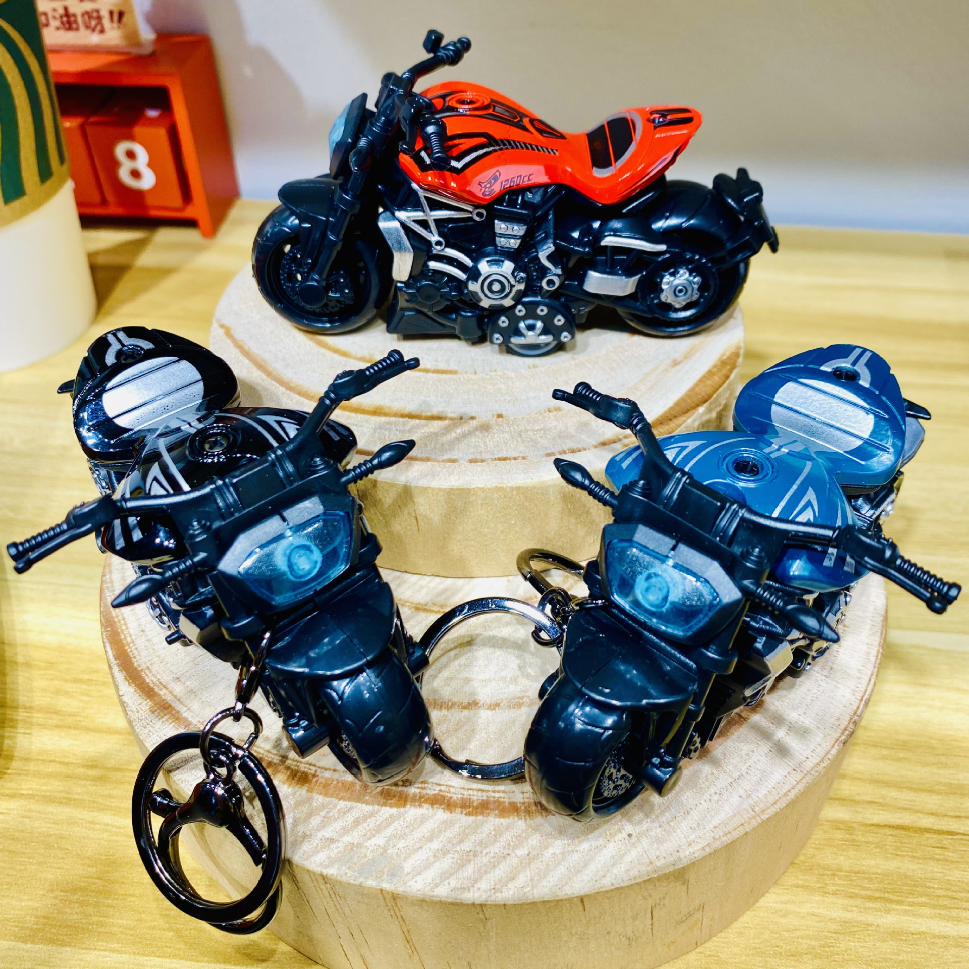 跨境合金复古摩托车回力哈雷摩托车钥匙扣模型小玩具车儿童玩具