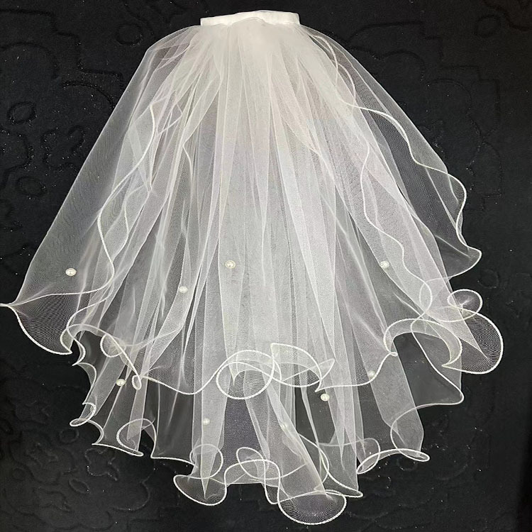 头纱批发珍珠款式女士头纱网纱面纱乳白色纯白色发卡简洁款头纱