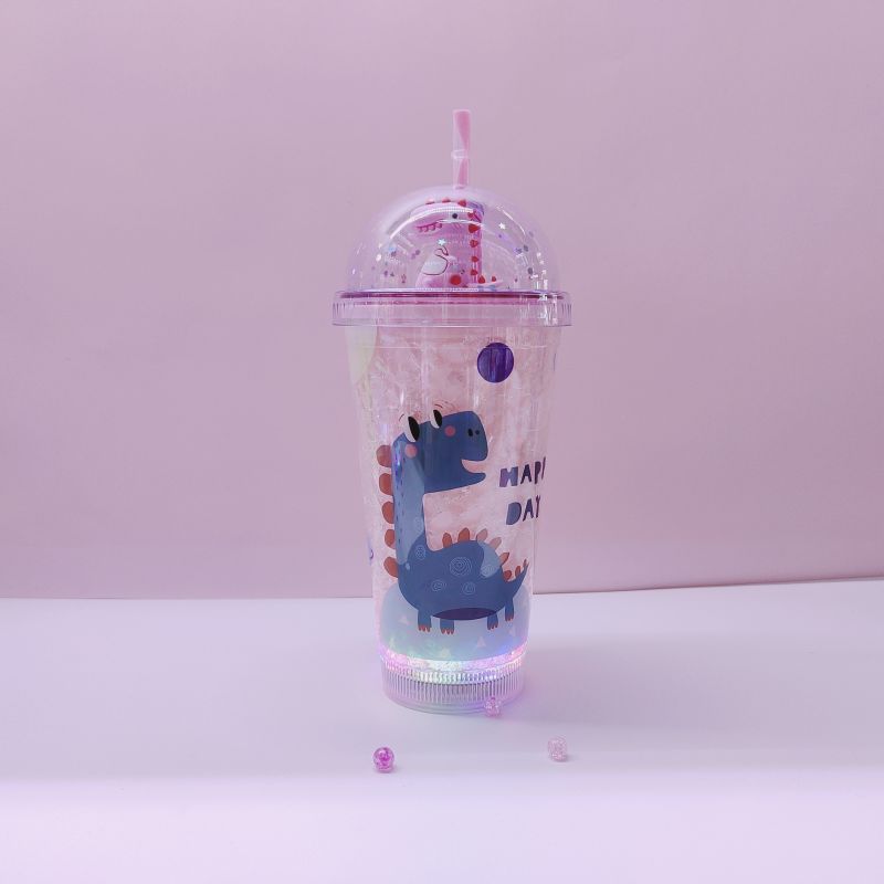 Cross-Border Factory Direct Supply Double Plastic Straw Cup Fashion Creative Solid Color Dinosaur Ice Cup
