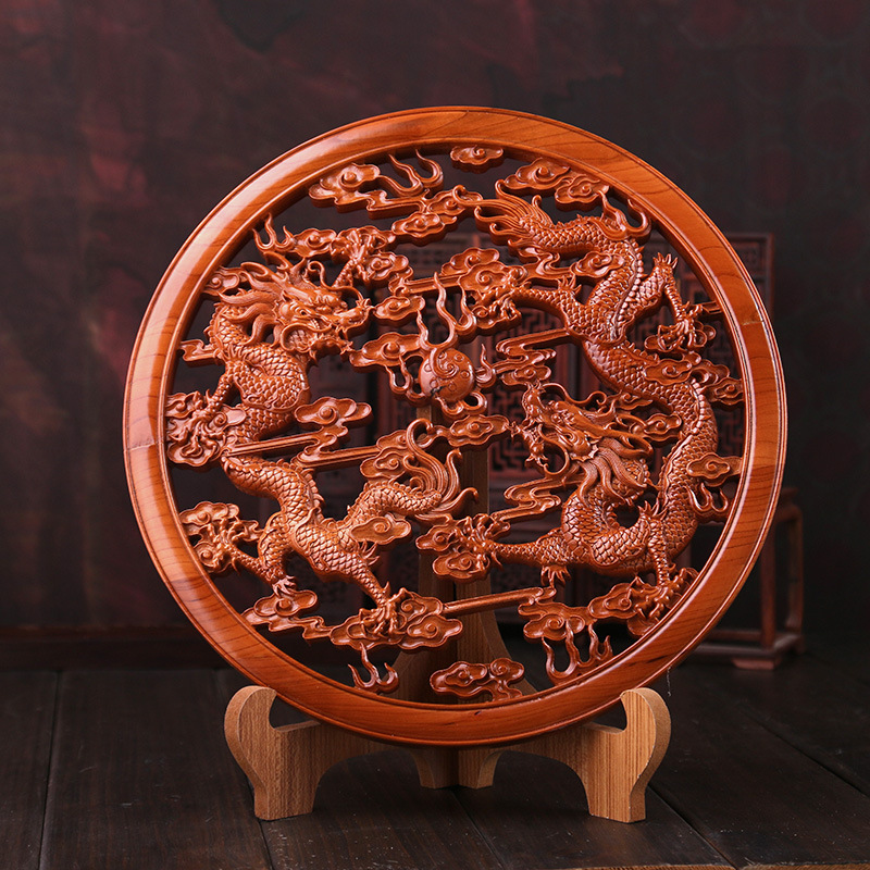 桃木二龙戏珠双龙戏珠挂件摆件看盘木雕风水财气客厅商铺古典