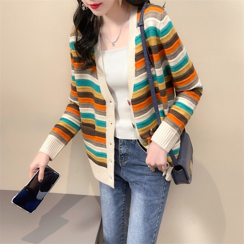 洋气针织开衫彩色条纹拼色宽松韩版女装2022年秋冬新款毛衣外套女