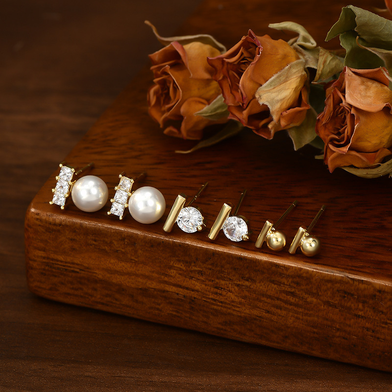 ear clip removal-free before sleep ear-caring stick pearl stud earrings student earrings silver needle one card three pairs suit stud earrings for women